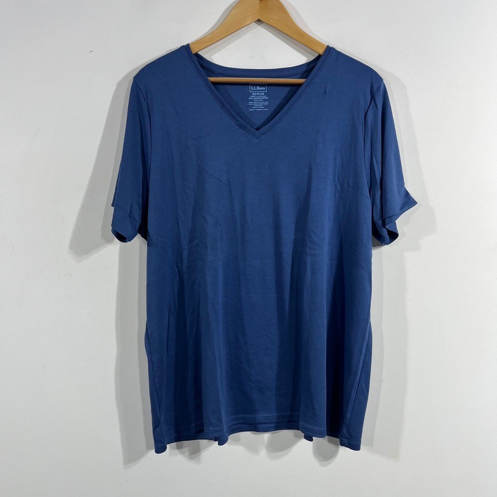 LL Bean Womens 2X Plus Blue Supima Cotton V-Neck Short Sleeve T-Shirt Casual NEW